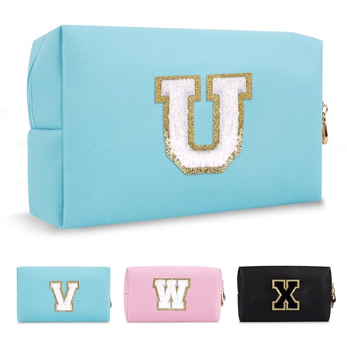 Small Personalized Initial A-Z Preppy Patch Makeup Bag,PU Chenille Letter Travel Cosmetic Pouch with Zipper,Blue Cute Toiletry Bag,Gift Ideal for Teen Girls Women Teacher Bridesmaid,Letter U