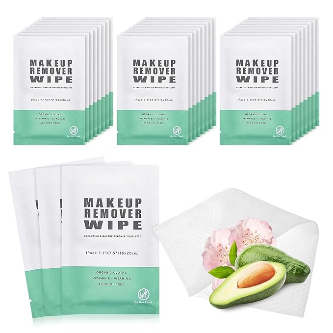 50 Individually Wrapped Makeup Remover Wipes - Bulk Face Cleansing Wipes, Travel Towelette Makeup Remover Cloth for Face Cleansing