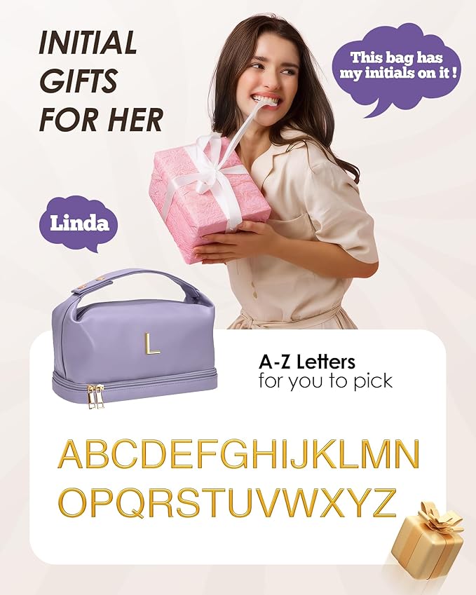 Birthday Gifts, Initial Makeup Bag, Waterproof Double Layer Cosmetic Bag, Large Capacity PU Leather Makeup Bags Letter Travel Toiletry Bag with Makeup Brush Organizer