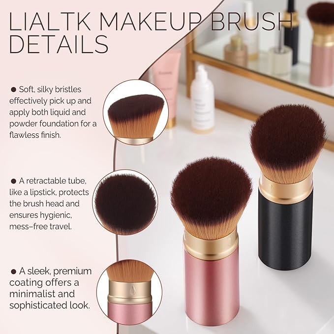 Retractable Kabuki Makeup Brush - Portable Travel Face Brush with Cover, Soft Synthetic Bristles for Blush, Bronzer, Powder, Foundation & Sunscreen, Flawless Application On-the-Go (Rose gold)