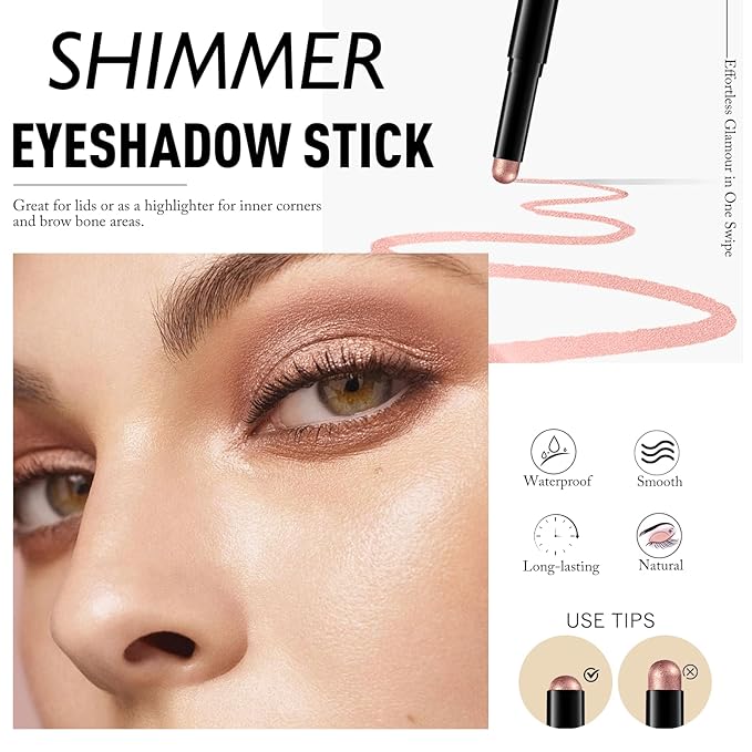 Rose Gold Shimmer Eyeshadow Stick, Waterproof Cream Eye Shadow Pencil Long-Lasting Crease-Proof Glitter Eyeshadow Crayon Smooth High Pigmented Highlighter Neutral Eye Shadow Liner Makeup