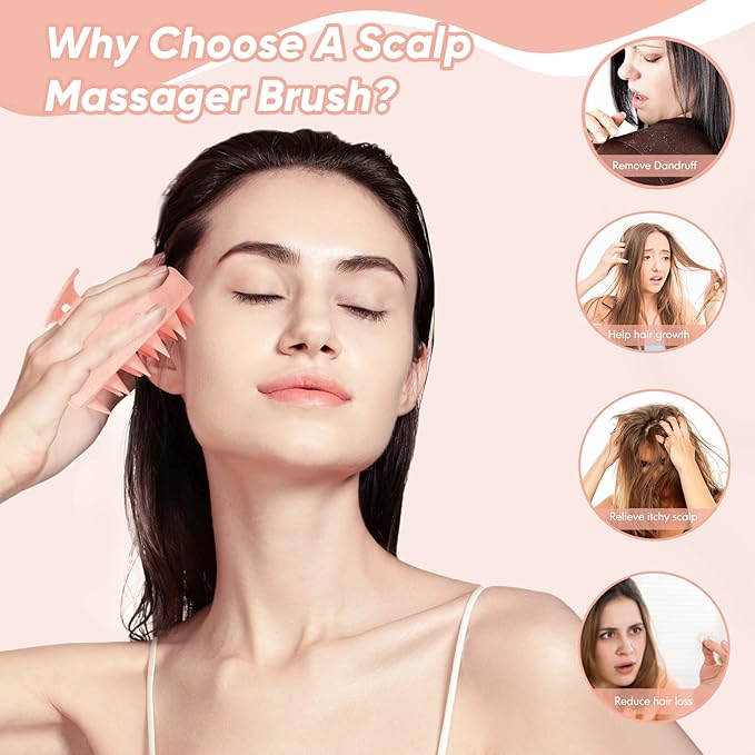 URTHEONE Scalp Massager Shampoo Brush, Hair Scalp Scrubber Head Massager with Soft Silicone Bristles for Women Men Kids Pets Shower and Hair Growth(Pink) Includes 5 Pcs Hair Ties