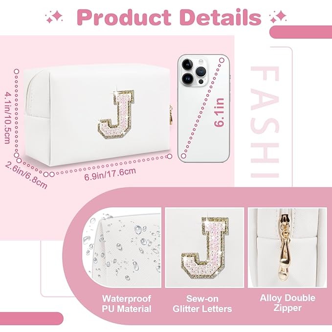 Small Initial Patch Makeup Bag Personalized Gifts Make Up Bag,White Cute PU Leather Glitter Letter Cosmetic Bag with Zipper,Trendy Portable Travel Toiletry Pouch,Preppy Stuff for Teen Girls Women J