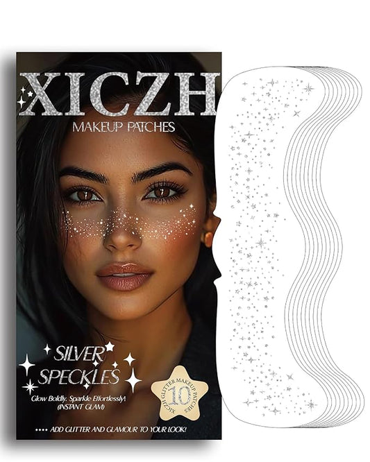 Face Glitter, Body and Face Glitter Makeup Patches for Women Girls, Waterproof Festival Rave Accessories fit Country Concert Outfits (Silver - 10 pcs)