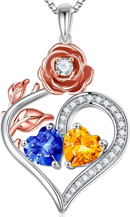 Iefil Rose Heart Birthstone Necklaces for Women - 925 Sterling Silver Double Birthstone Necklace, Anniversary Birthday Gifts for Women, Jewelry Gifts for Wife Her