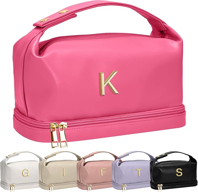 Appreciation Gifts for Women, Personalized Makeup Bag with Handle, Initial Double Layer Cosmetic Bag with Makeup Brush Organizer, Cute Cosmetic Pouch for Women, Maid Of Honor Gifts