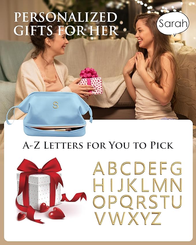 Gifts for Her, Initial Large Makeup Bags, Personalized Double Layer Cosmetic Bags with Makeup Brush Organizer, Waterproof PU Leather Travel Toiletry Bags for Wedding & Bridesmaid Gifts