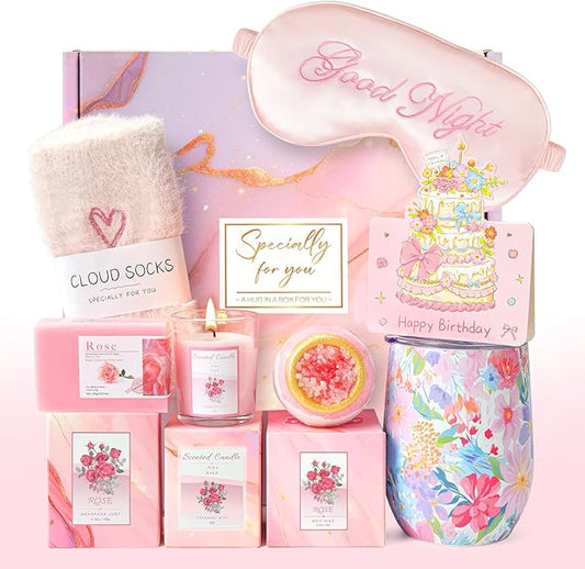 Birthday Gifts for Women Happy Birthday Gift Basket Bath Set for Friend Her Female Wife Girlfriend Daughter Sister Coworker Teacher Unique Pink Rose Tumbler