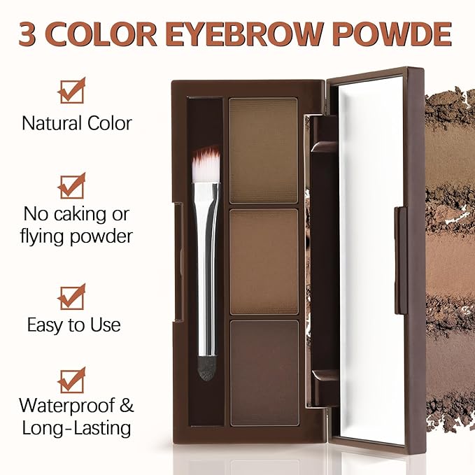 3 Colors Eyebrow Powder Set, Brow Powder Makeup Palette, Defining and Sculpting Brows, Waterproof Eye Contour Kit with Brush Applicator