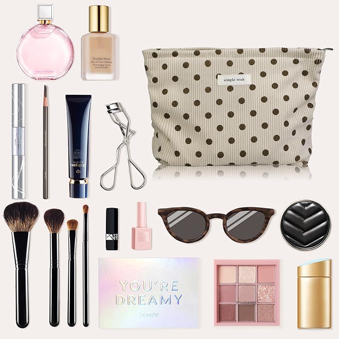 Wudygirl Makeup Bag Makeup Pouch for Women Corduroy Cosmetic Bag Portable Travel Toiletry Bag Large Capacity Make up Organizer with Zipper（Beige Polka Dot）