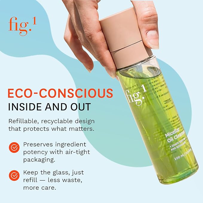 Fig.1 Micellar Oil Cleanser for Face - Makeup Remover Cleansing oil, Facial Cleanser - Squalane & Grapeseed Oil Formula, Cleanse without Clogging Pores, Acne-Prone Facial Skincare, Refillable 3.4 Oz