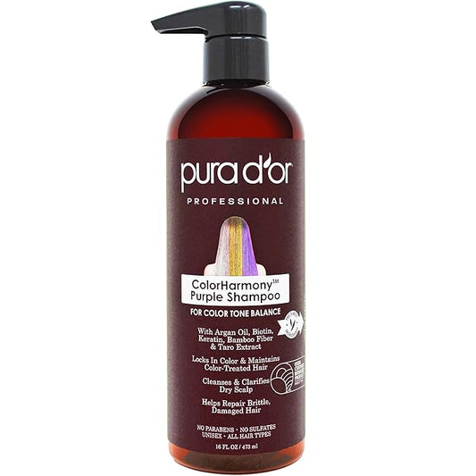 PURA D'OR 16 Oz ColorHarmony Purple Shampoo For Bleached, Blonde, Silver & Color Treated Hair - Keratin, Bamboo Fiber, No Sulfates, Select Natural Ingredients - Men & Women