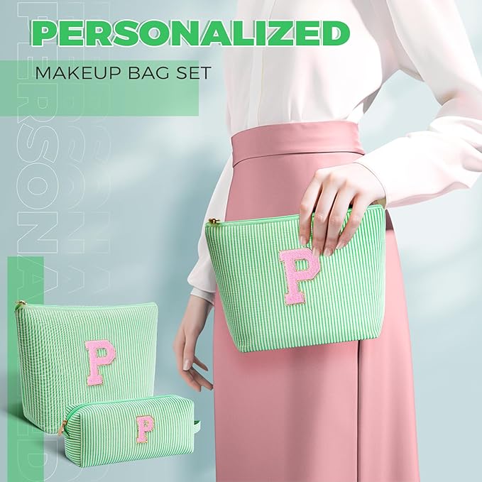 Personalized Makeup Bag for Women Girls - Fashion Cosmetic Bag Trendy Travel Toiletry Bag with Initials Letter - Teen Gifts - Green,P
