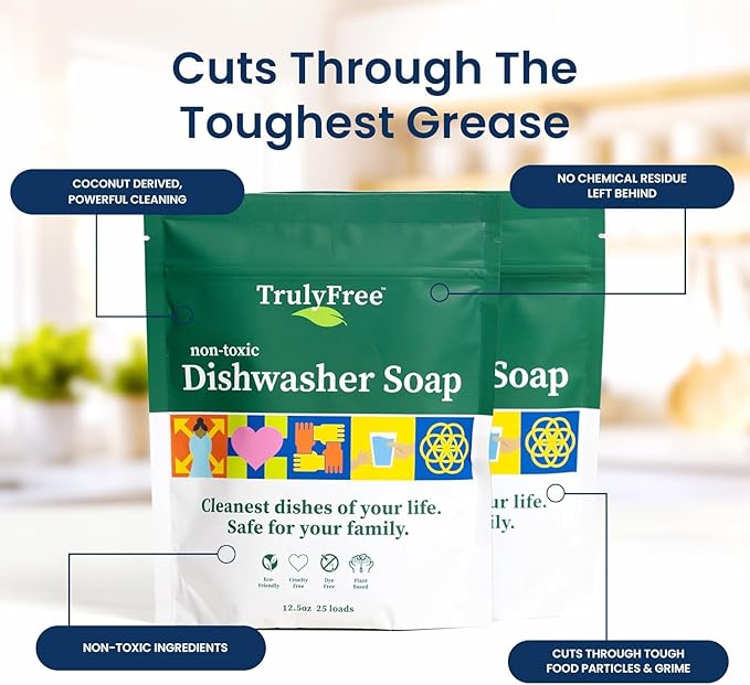 Truly Free Dishwasher Detergent Powder | Natural Dish Detergent, Dishwasher Soap | Plastic Free, Plant-Based, Clean, Heavy Duty Hard Water Stain & Grease Remover | Fragrance Free | 12.5 oz (Pack of 1)
