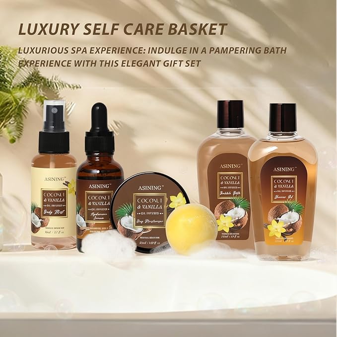 Spa Basket for Women, Coconut Vanilla Bath & Body Set, Christmas & Birthday Gift, Unique Gift with Bath Bombs, Body Lotion, Spa Bath Sets for men Gift Home Spa Set Luxurious Bath Gift & More