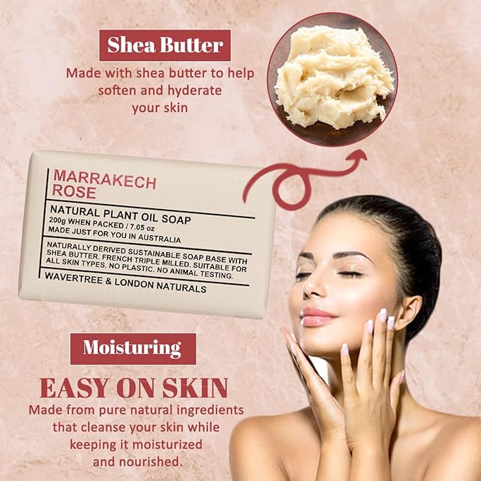 Wavertree & London Marakech Rose Scented Natural Soap Bars (2 Bars), 7oz Moisturizing French Triple Milled Soap enriched with shea butter - Plant Oil Bath & Body Soap Bars [100% Naturally derived]