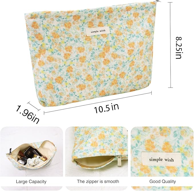 Wudygirl Aesthetic Cosmetic Bag Travel Toiletry Bag Makeup Bag Canvas Makeup Pouch Toiletry Bag for Women and Girls Large Capacity Makeup Bag Floral Pencil Pouch with Zipper (Yellow Floral)