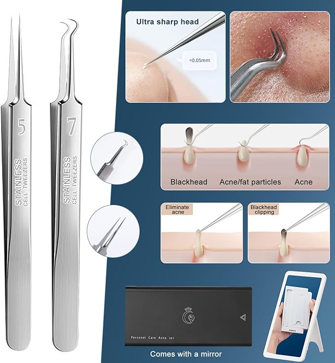 Professional Facial Blackhead Remover Tools,6-Piece Stainless Steel Acne Extractor Tools Set with Storage CaseKit for Whitehead Acne Blemishes Comedones Stainless Steel Makeup Tool