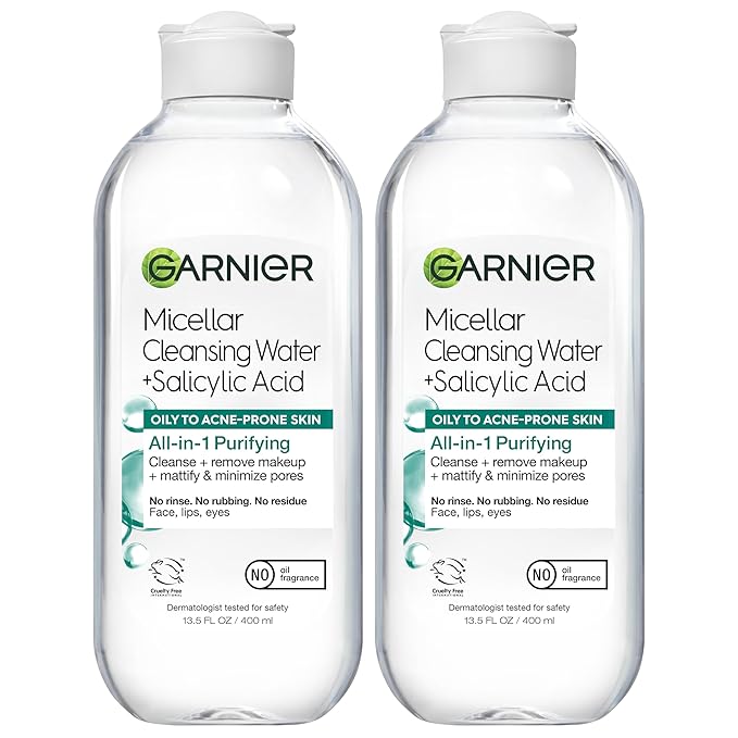 Garnier Micellar Water with Salicylic Acid, All-in-1 Mattifying Facial Cleanser and Makeup Remover for Oily and Acne Prone Skin, 13.5 Fl Oz, Pack of 2