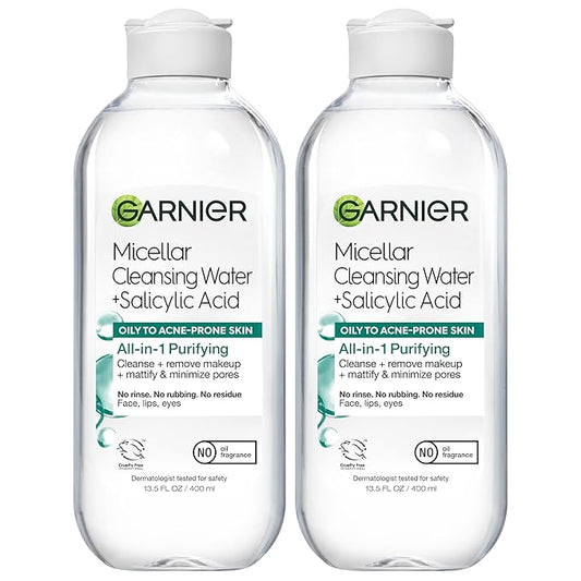 Garnier Micellar Water with Salicylic Acid, All-in-1 Mattifying Facial Cleanser and Makeup Remover for Oily and Acne Prone Skin, 13.5 Fl Oz, Pack of 2