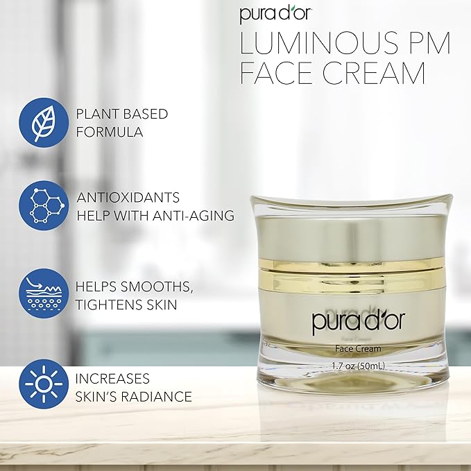 PURA D'OR 1.7 Oz Luminous PM Face Cream - Methylene Blue, Marine Collagen, Retinol, Peptides, Apple Stem Cell Extract - Anti-Aging Nighttime Moisturizer - Overnight Facial Treatment For Women & Men