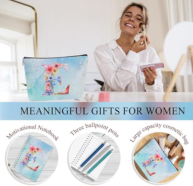 Personalized Gifts Monogrammed Birthday Gifts for Women, Daughter Bestie Friendship Christmas Initial 20 oz Tumbler, Makeup Bag Cup Ballpoint Pens Journal Notebook 6 Set, (Aesthetic Blue Flower E)