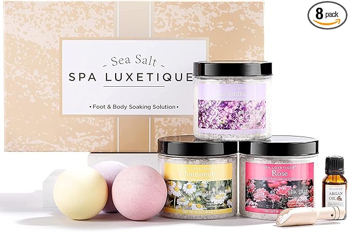spa luxetique Bath Salts, 8pcs Bath Salts Gift Set with Argan Oil, Bath Bombs, Wooden Scoop, Epsom Salt for Soaking in Lavender, Rose, Chamomile Scent, Mother's Day Gifts