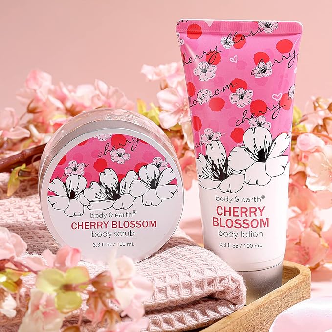 Bath and Body Gift Set for Women - Cherry Blossom Scent with Double-Layer Spa Gift Box, 5 Piece Home Spa Set Includes Shower Gel, Body Scrub, Body Lotion, Hand Soap, Rose Flower, Bath Set Gift for Her