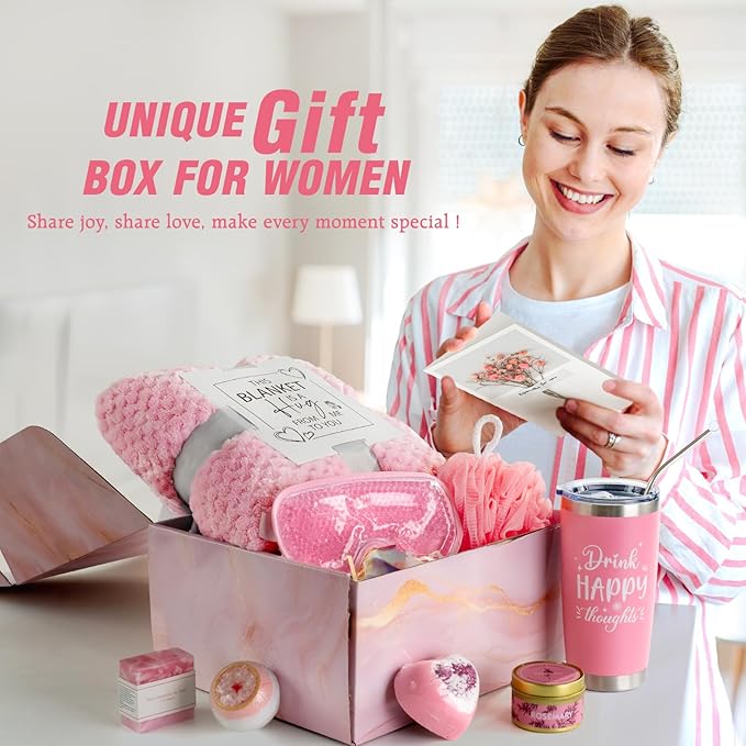 Happy Birthday Gifts for Women Her Friend , Self Care Gifts Get Well Gifts, Unique Relaxing Spa Gift Basket Set Care Package w/ Blanket , Christmas Gifts for Mom Wife Grandma Sister
