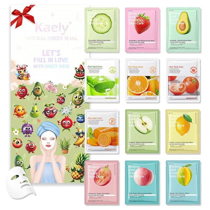 12 Pack Various Fruits Face Sheet Mask Skincare,Hydrating Face Mask For Sensitive Skin,Moisturize,Soothing,Nourish for All Skin Types,Natural Spa Party Facial Mask Skincare Set for Women Men Girls