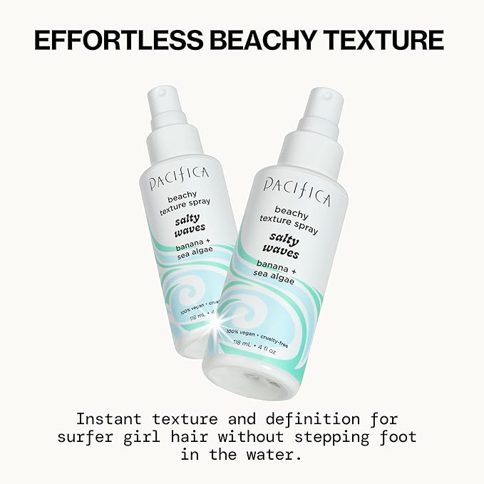 Pacifica Salty Waves Sea Salt Texturizing Spray, Coconut Scent 4oz – Beachy Waves Hair Spray for Tousled Texture & Volume, Surf Salt Spray with Coconut & Sea Algae, Lightweight, Vegan