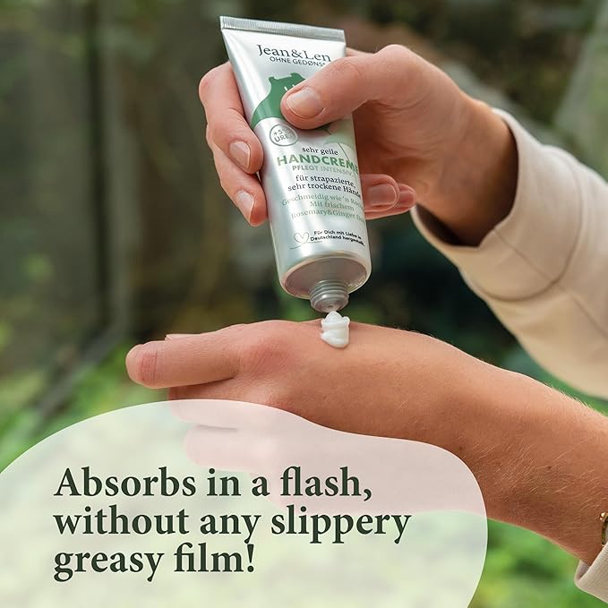 Jean & Len Hand Cream Rosemary & Ginger, with urea, hand care for dry and chapped hands, moisturizes and nourishes intensively, hand cream tube, 2.54 ml