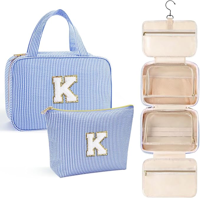 YOOLIFE Initial Toiletry Bag Travel Makeup Bag for Women - Hanging Toiletry Bag, Personalized Birthday Gifts for Women, Vacation Airplane Essentials - Letter K, Blue