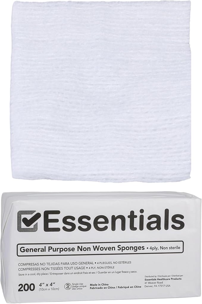 Essentials Non-Sterile Gauze Sponges - 200 Count, 4-Ply, 4'' x 4'' Pads, Non-Woven, Wound Care Product for First Aid Kit/Medical Facilities