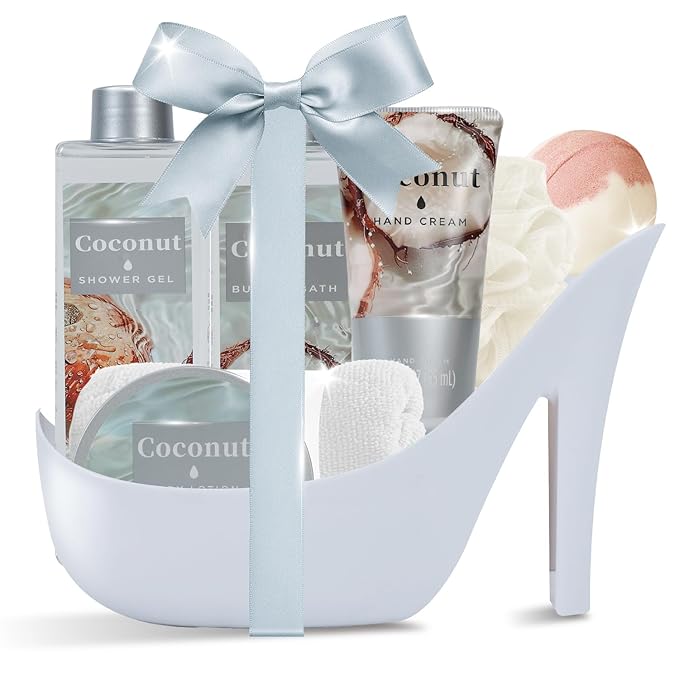Tropical Coconut Gifts for Women Spa Basket, High Heel Bath Set with Shea Butter & Exotic Oils, Mother's Day Gifts for Mom, Her, Wife
