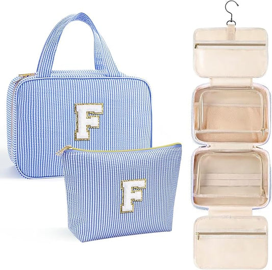 YOOLIFE Gifts for Friends - Friendship Gifts for Women, Travel Toiletry Bag for Women, Hanging Toiletry Bag, Monogrammed Initial Tolietry Pouch Makeup Bag - Letter F, Blue