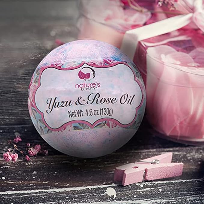 Nature's Beauty Yuzu & Rose Oil Bath Bomb Multi-Pack - Natural Hand Crafted, Non-Staining, Luxury Fizzy Spa Bomb, Nourish Dull + Dry Skin, Made w/Coconut Oil + Witch Hazel, 4.6 oz (4 Pack)