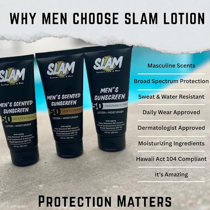 SLAM MysteryMan Men's Sunscreen Lotion SPF 50 & Moisturizer – Face & Body Sun block, Anti-Aging, Water-Resistant, Hawaii Act 104 Safe, Skincare for Men, Scented – 3 fl oz. Double pack.