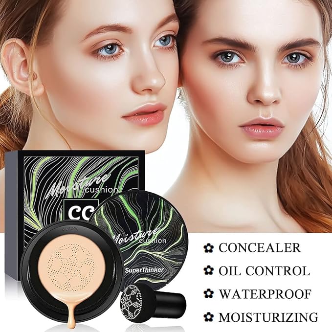 Air Cushion CC Cream Mushroom Head Cushion Foundation, BB Cream Face Makeup for Mature Skin Moisturizing Concealer Brighten Long-Lasting, Even Skin Tone for All Skin Types (Ivory)