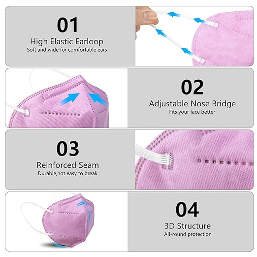 akgk KN95 Face Mask 50 PCS, Breathable Protection Masks, 5-Ply KN95 Hot Pink Masks, Cup Dust Safety Masks