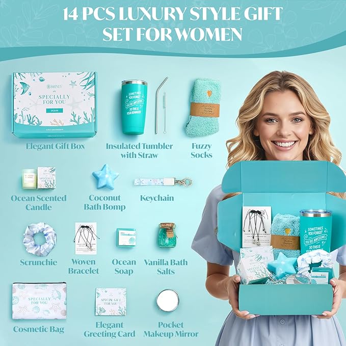Briney 13Pcs Birthday Gifts for Women, Care Package for Women, Gift Basket, Unique Relaxing Ocean Themed Present for Mom Wife Sister Best Friend, Blue