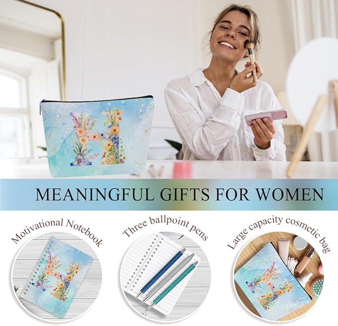 Personalized Gifts Monogrammed Birthday Gifts for Women, Bridesmaid Bachelorette Party Christmas Initial 20 oz Tumbler, Makeup Bag Cup Ballpoint Pens Journal Notebook 6 Set, (Aesthetic Blue Flower H)