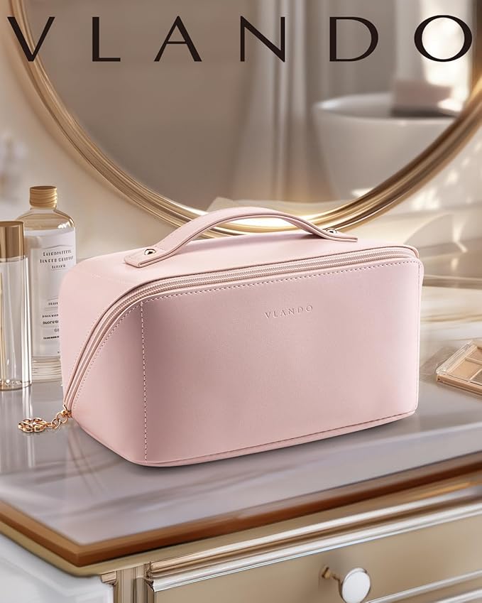 Vlando Makeup Bag,Large Capacity Toiletry Bag for Women Waterproof Portable Make up Pouch PU Leather Open Flat Cosmetic Bag(Pink)