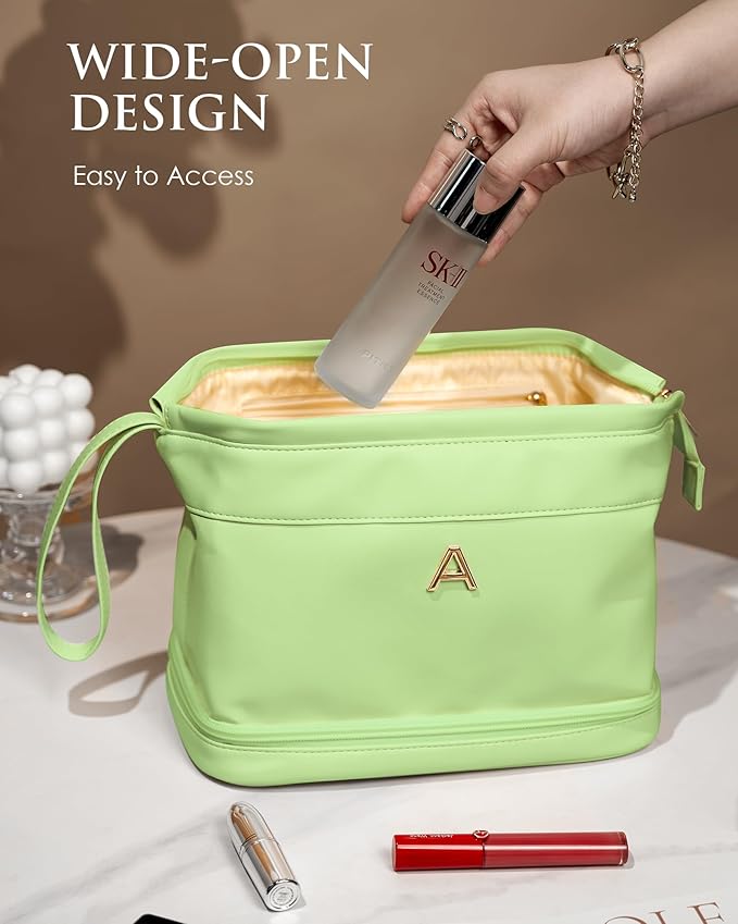 Holiday Gift, Initial Large Makeup Bag, Bride To Be Gifts, Double Layer Cosmetic Bag, Waterproof PU Travel Toiletry Bag for Bachelorette Party Women Wedding Bridal, Bride Gifts