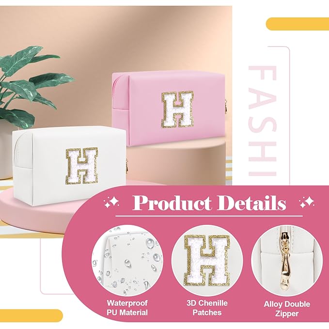 Small Personalized Initial A-Z Preppy Patch Makeup Bag,White PU Chenille Letter Travel Cosmetic Pouch with Zipper,Cute Toiletry Bag,Gift Ideal for Teen Girls Women Teacher Bridesmaid,Letter H
