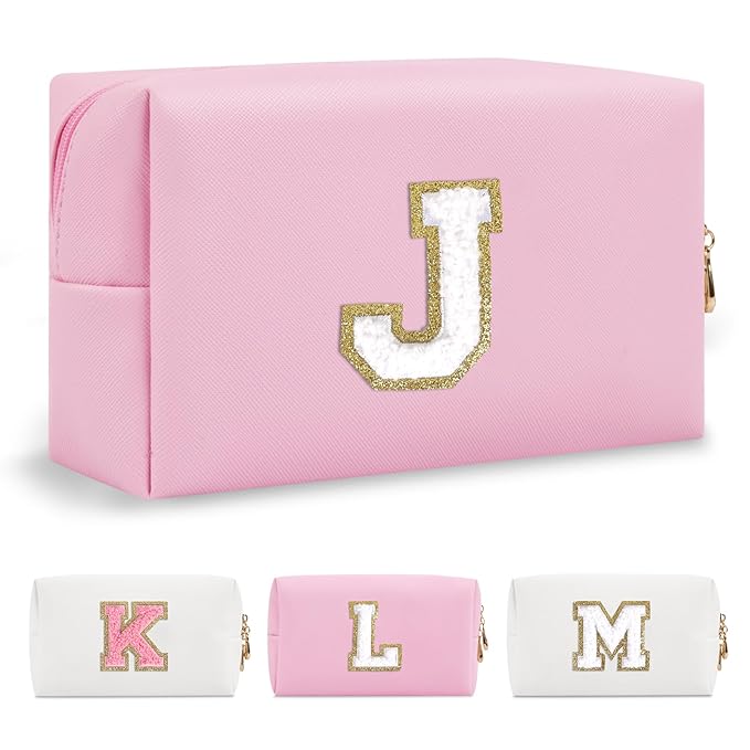 Personalized Initial A-Z Preppy Patch Makeup Bag,Small PU Chenille Letter Cosmetic Bag with Zipper for Teen Girls,Pink Cute Toiletry Organizer Bag,Monogram Makeup Case Gift for Women Girls,Letter J