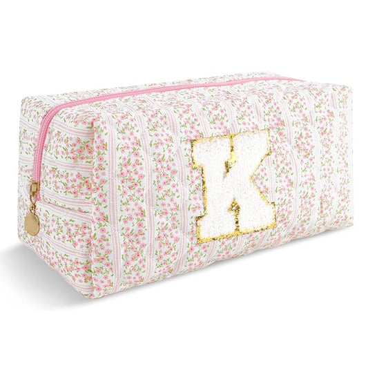 Personalized Quilted Cosmetic Bag, Puffy Monogrammed Christmas Birthday Gifts for Women & Girls, Cute initial Floral Makeup Bag Puffer Coquette Bag, Aesthetic Travel Toiletry Zipper Pouch(Pink,K)