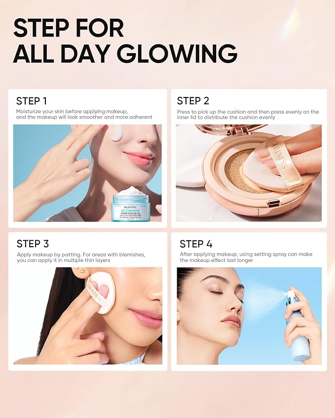 Full Coverage Cushion Foundation, Weightless, Skin Fit, Satin Glow Finish, Oil-Control Waterproof Foundation, Sweatproof Flawless BB Cream CC Korean Makeup