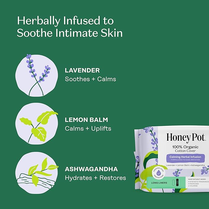 Honey Pot 100% Organic Cotton Cover Calming Herbal Infusion Long Liners, 30 Count