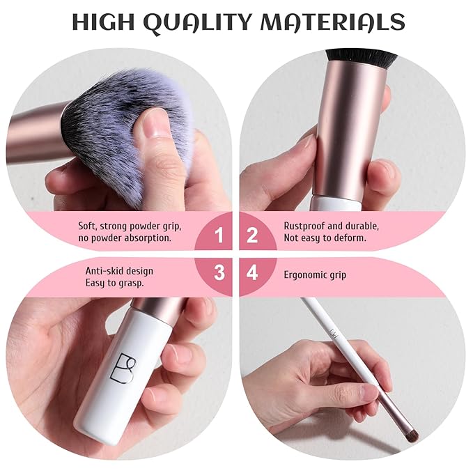 BS-MALL Travel Makeup Brushes Kabuki Premium Synthetic Foundation Powder Concealers Short Handle But Full Size 7 PCS with Triangle Puff & Storage Bag (Rose Pink)